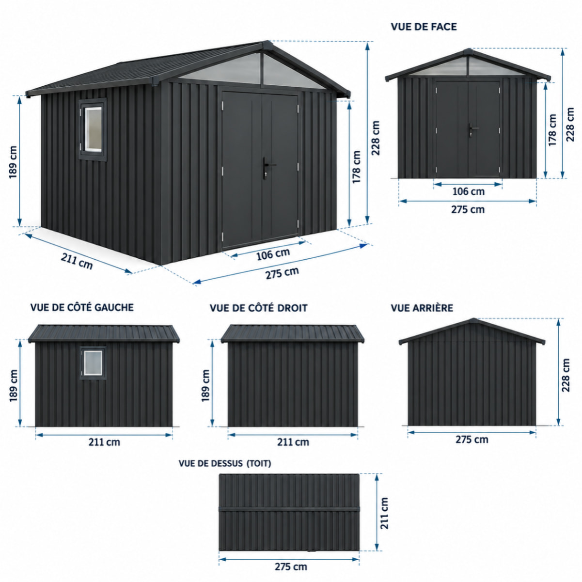Abri de jardin métal gris anthracite 5.71 m² + kit d'ancrage