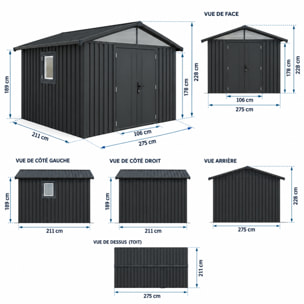 Abri de jardin métal gris anthracite 5.71 m² + kit d'ancrage
