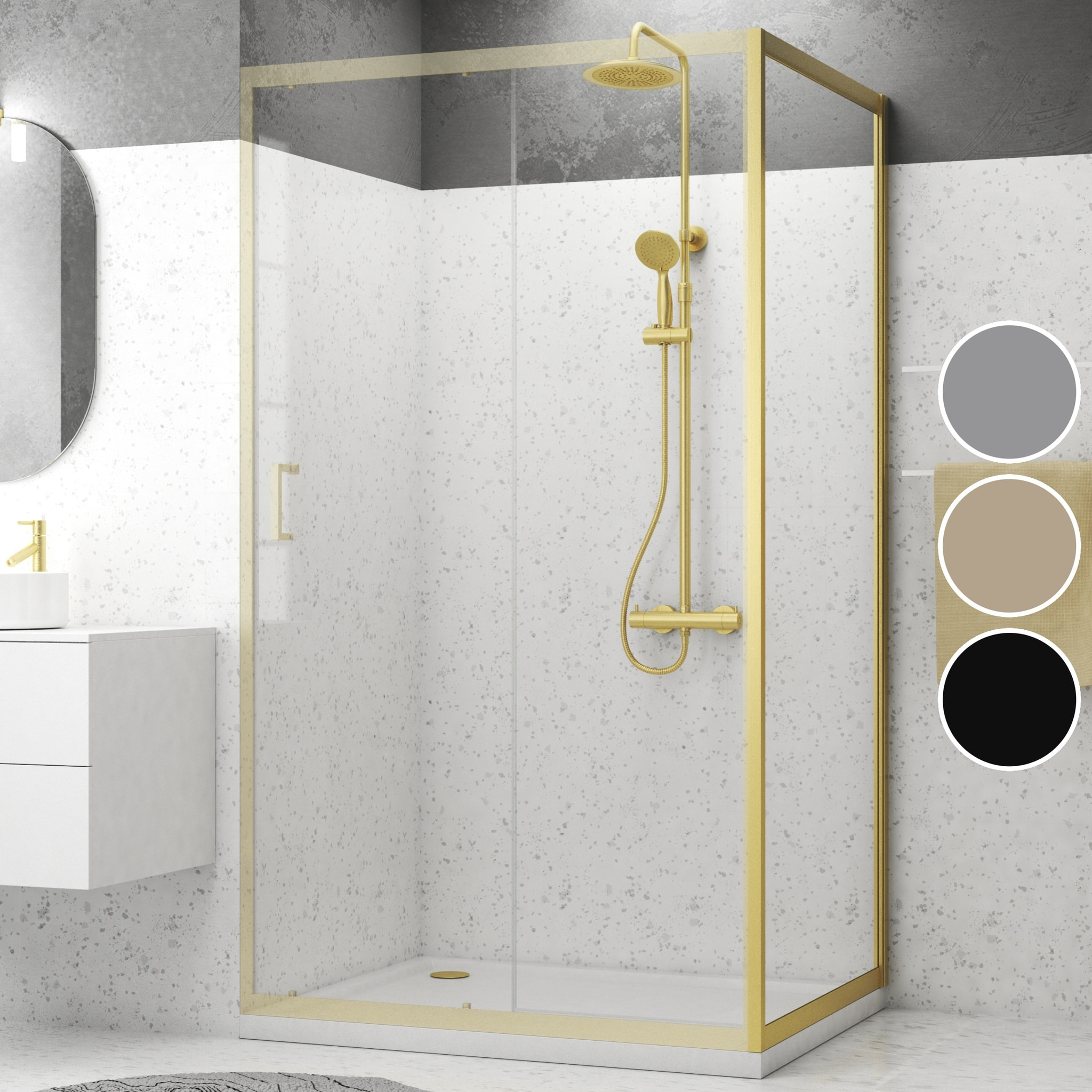 Paroi de retour 80x200cm - Profilés Or Doré Brossé - Verre Trempé 6mm - GOLDY CRUSH