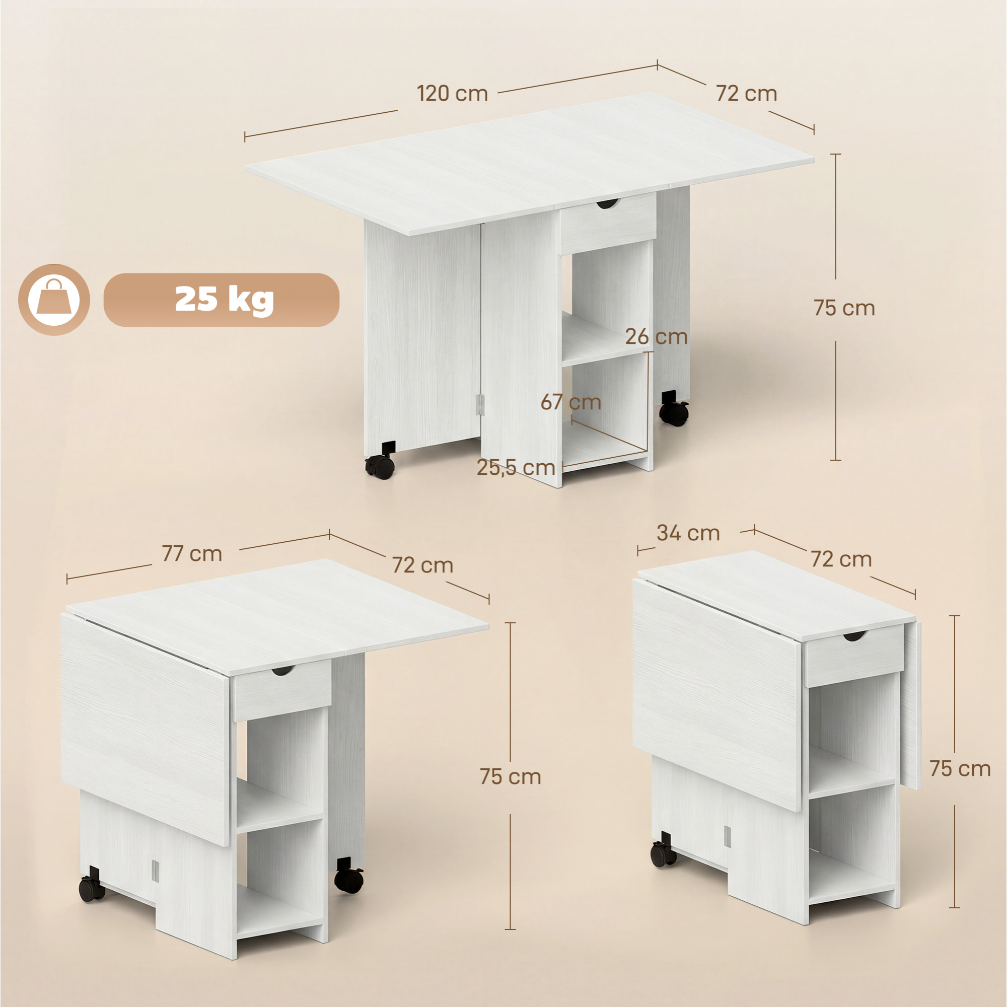 Table à manger pliable extensible 4 personnes - 2 abattants, 2 étagères, tiroir, roulettes - aspect bois blanc