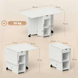 Table à manger pliable extensible 4 personnes - 2 abattants, 2 étagères, tiroir, roulettes - aspect bois blanc
