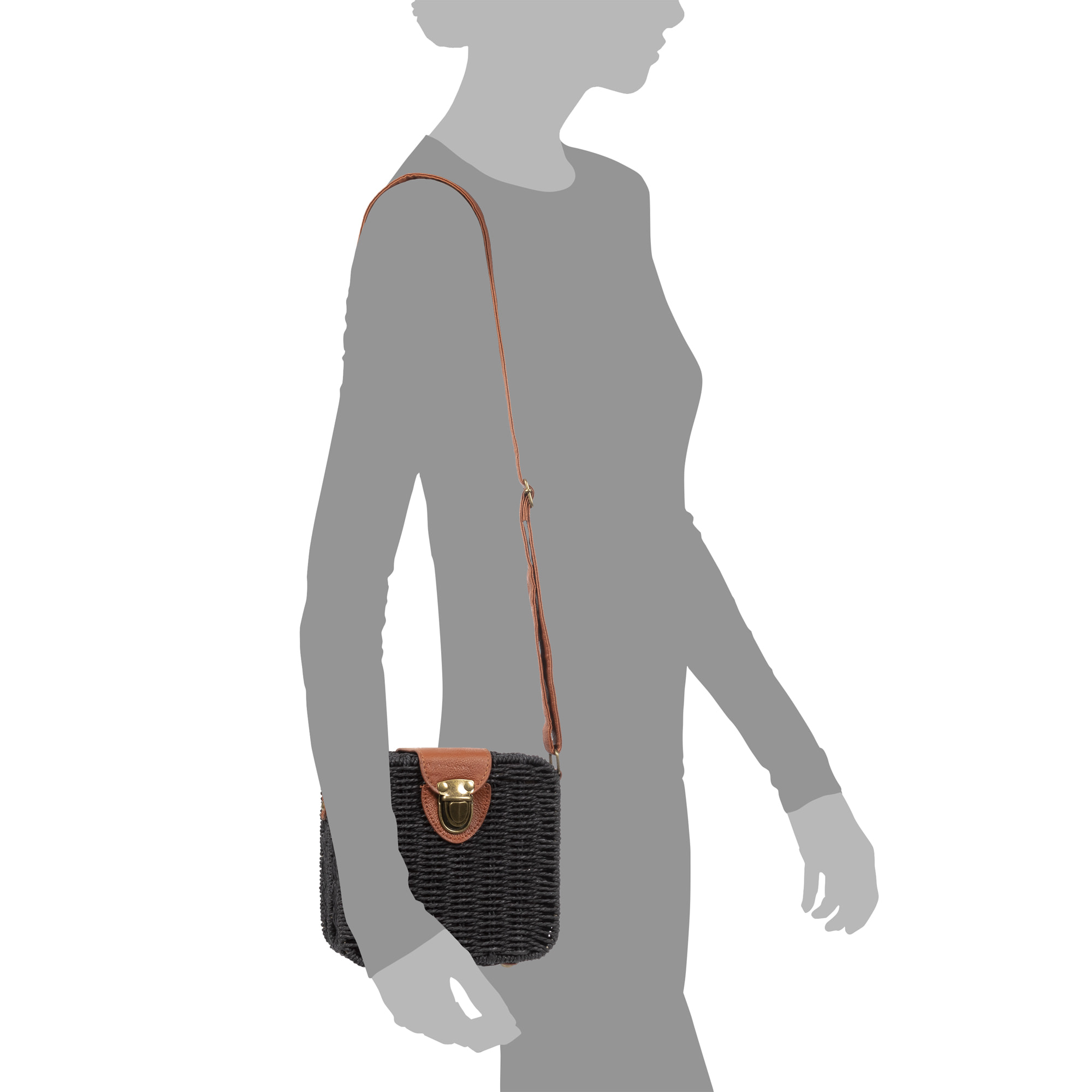 IRIA QUINTANA Borsa a tracolla da donna Empoli. Tessuto Paglia Pelle Sintetica PU 18x7x17 Cm. Colore nero