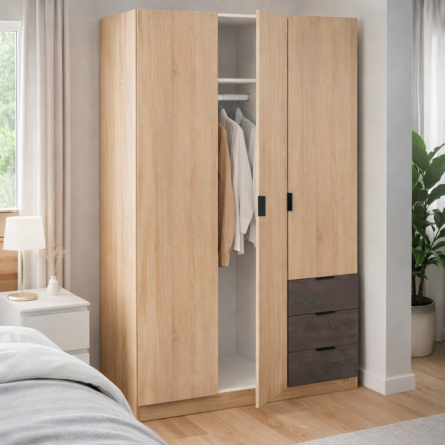 Armadio Guardaroba 3 Ante 3 Cassetti E 4 Ripiani Con Appendiabiti Per Camera Da Letto Moderna Urban Design 180 x 121 x 52 Cm Colore Rovere E Ruggine