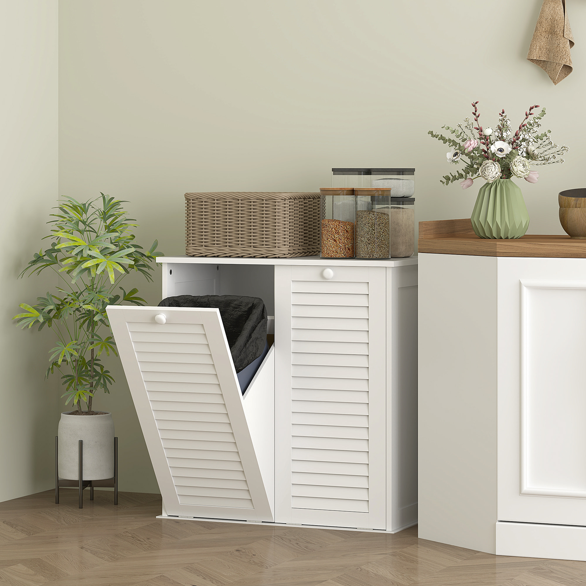 Meuble salle de bain avec paniers à linge basculants - 2 portes persiennes - blanc