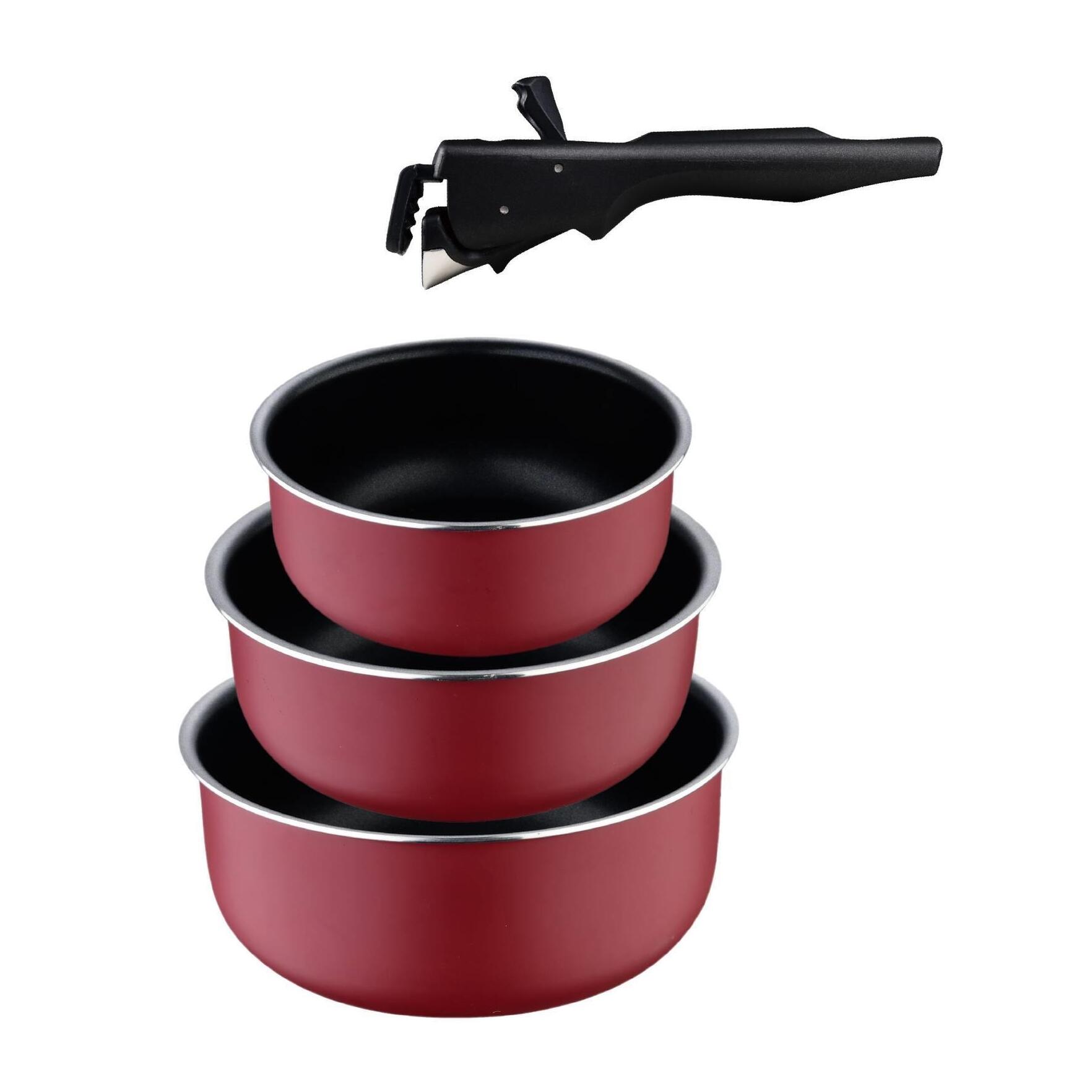 juego de 3 cazos ø16ø18ø20cm aluminio prensado rojo + mango extraíble