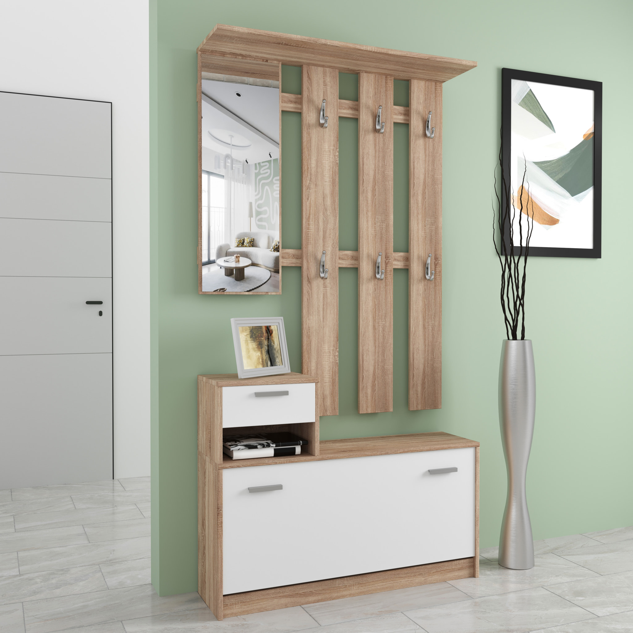 Mobile Belem Mobiletto da Ingresso con Scarpiera Appendiabiti e Specchio Arredo Arredamento Corridoio Entratina 97 x 35 x 25 cm (Bianco e Quercia)