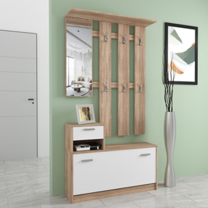 Mobile Belem Mobiletto da Ingresso con Scarpiera Appendiabiti e Specchio Arredo Arredamento Corridoio Entratina 97 x 35 x 25 cm (Bianco e Quercia)