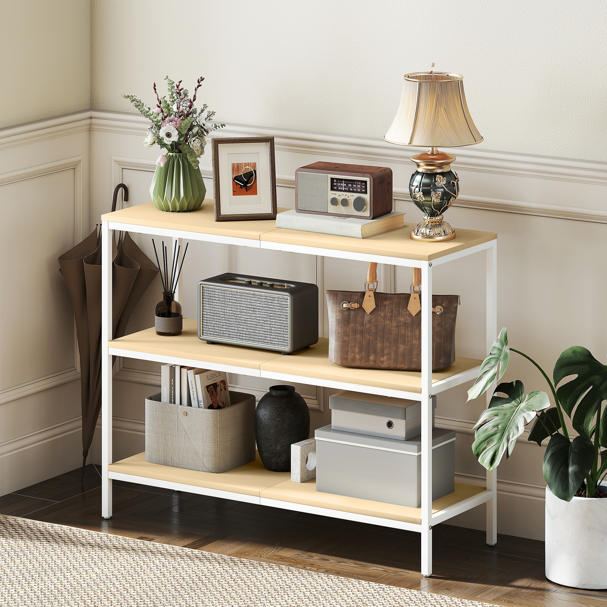 Mesa de Consola Estrecha Consola de Recibidor Mesa de Recibidor Moderna con 3 Estantes Abiertos y Patas de Metal para Pasillo Entrada Salón Dormitorio Natural y Blanco