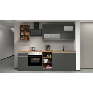 Cucina completa Dcastill, Cucina pratica e salvaspazio, Parete da cucina con 5 ante e 1 cassetto, 100% Made in Italy, 255x60h85 cm, Antracite e Rovere