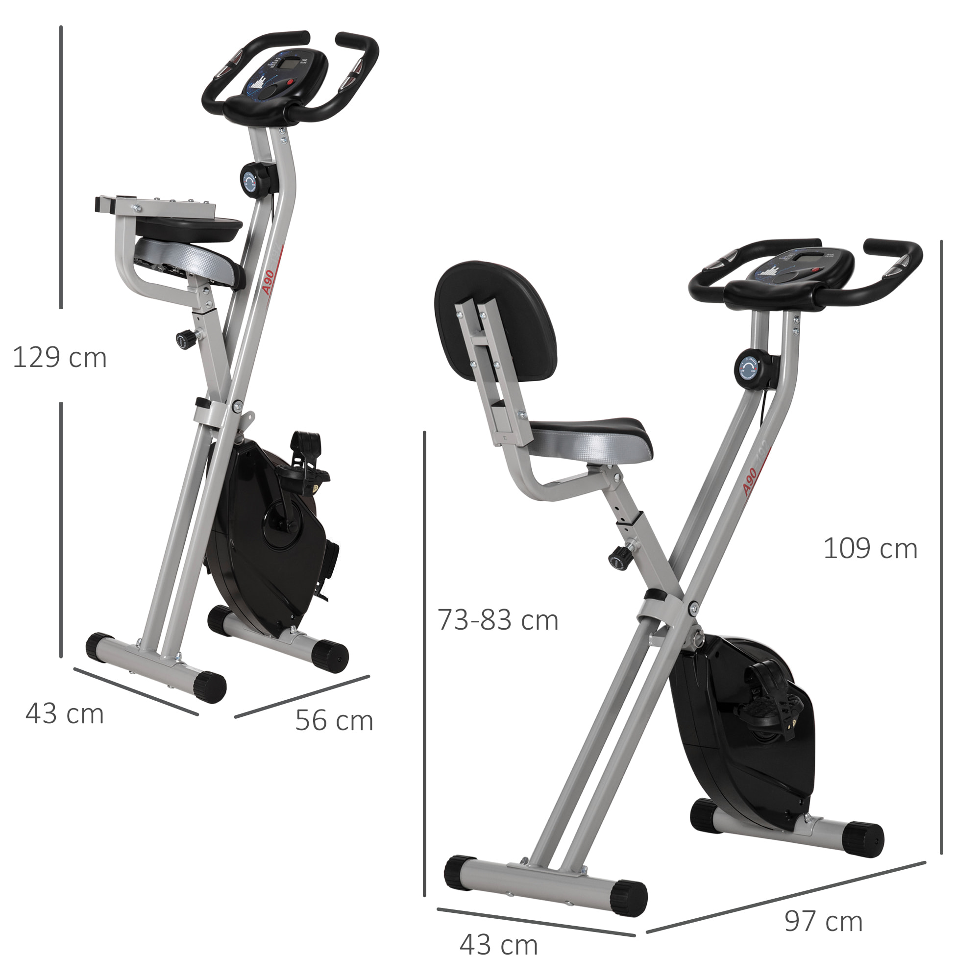 Bicicleta Estática Plegable con Respaldo, Bici Estática con 8 Niveles de Resistencia Magnética, Volante, Pantalla LCD, Pulsómetro, Sillín Ajustable, Carga 110 kg para Hogar Ahorra Espacio Gris