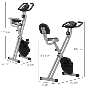 Bicicleta Estática Plegable con Respaldo, Bici Estática con 8 Niveles de Resistencia Magnética, Volante, Pantalla LCD, Pulsómetro, Sillín Ajustable, Carga 110 kg para Hogar Ahorra Espacio Gris