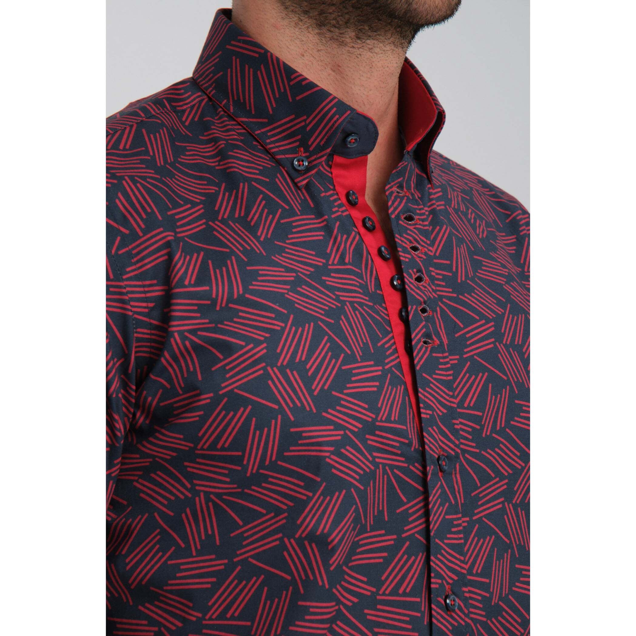 Camicia Uomo 1 Bottoni Button Down Slim Popeline Stretch Stampato Blu\Rosso