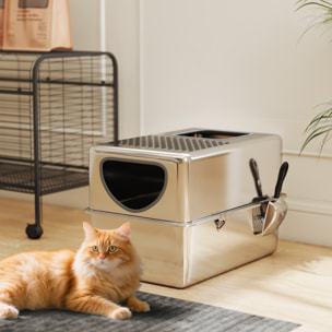 Arenero para Gatos de Acero Inoxidable XL Caja de Arena para Gatos Arenero con Pala Aberturas Dobles Fácil de Limpiar Plata