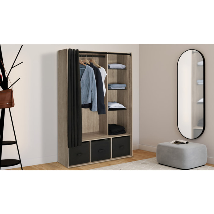 Dressing avec étagères et rideau - Bois - Noir