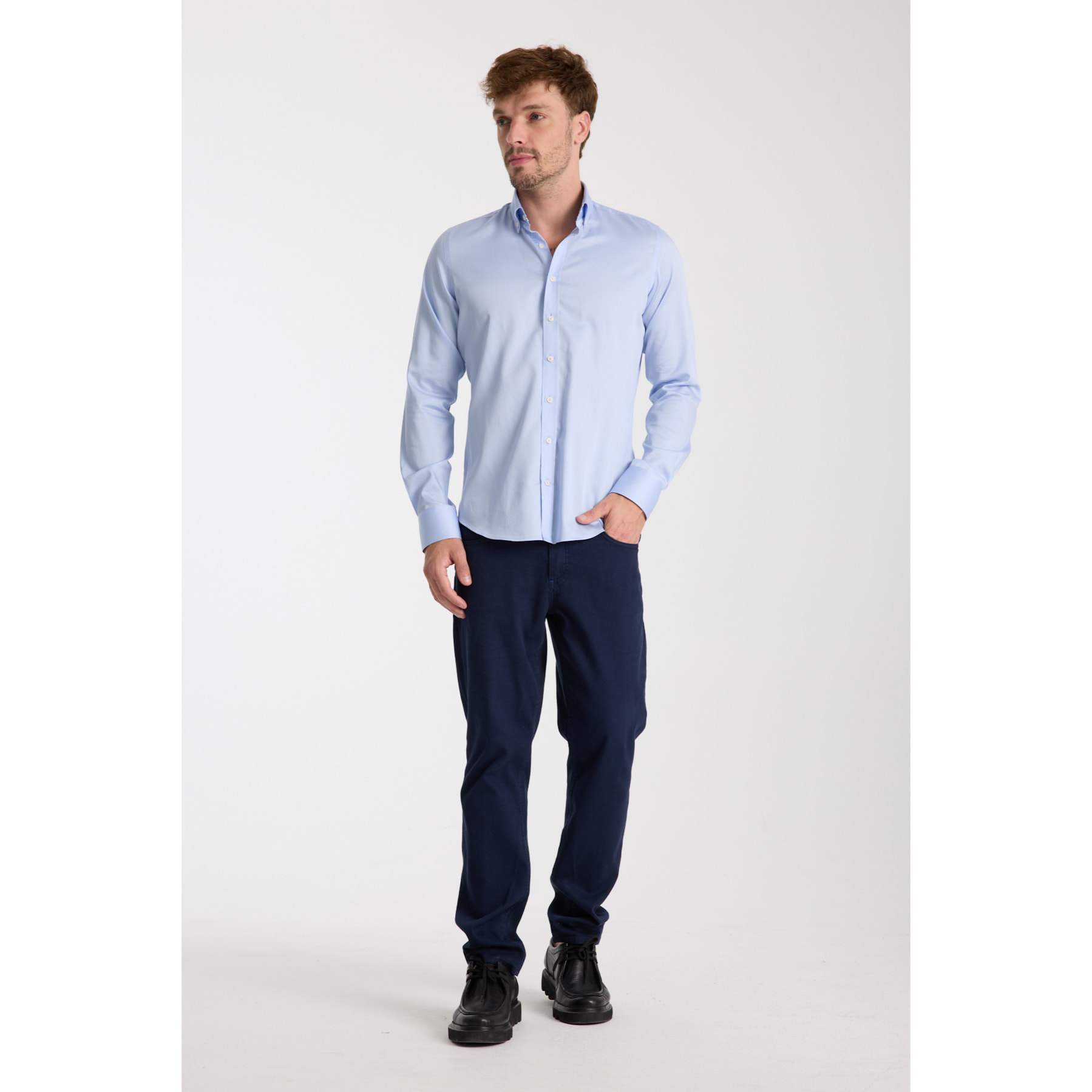 camicia uomo 1 bottone button down slim Satin Unito Celeste
