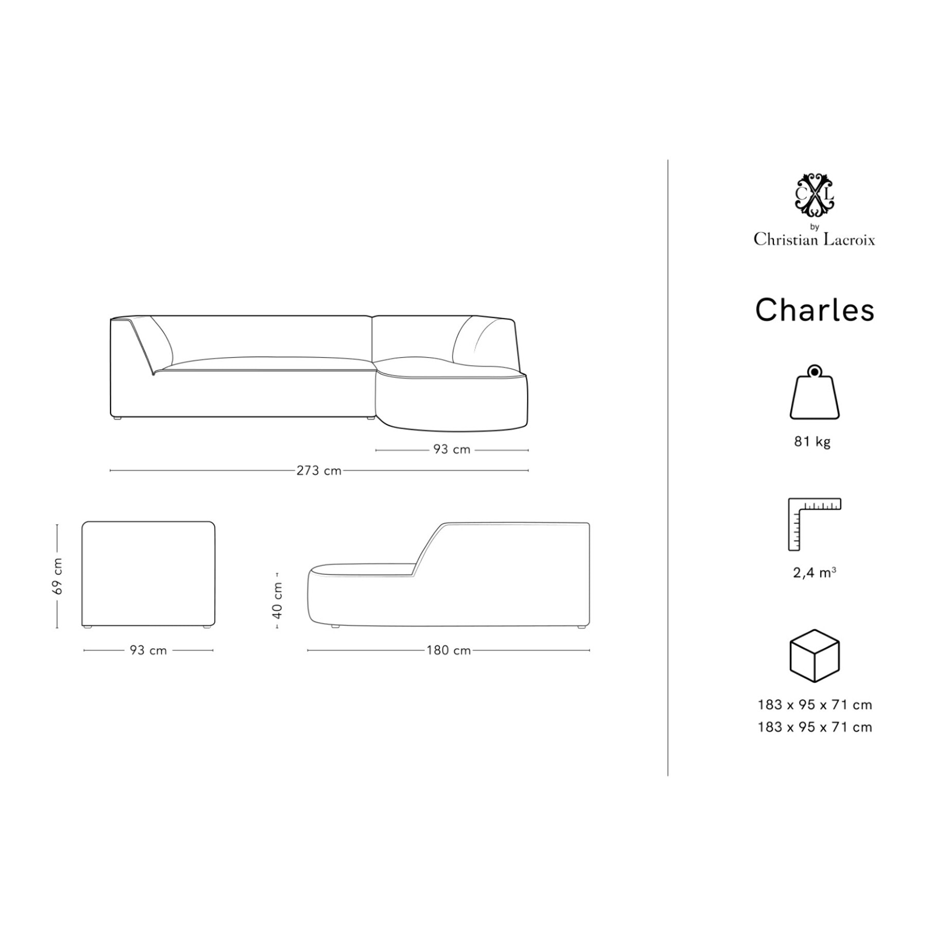 Canapé d'angle droit "Charles" 4 places en velours gris foncé