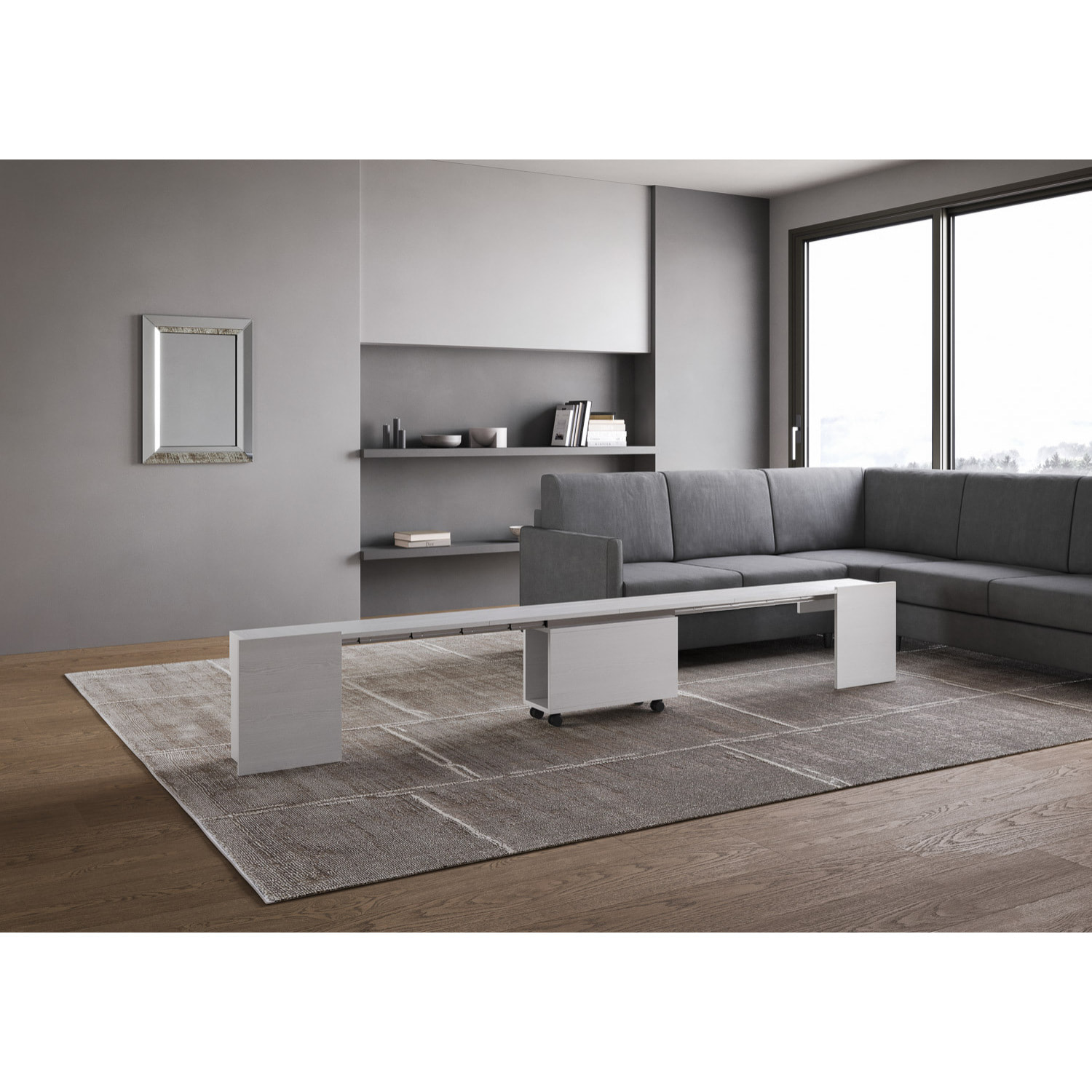 Consolle allungabile 90x42/302 cm Evolve Bianco Frassino allunghe interne con panca inferiore