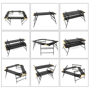 Mesa modular T2 plegable y resistente con estructura de hierro, esquinas de haya, múltiples configuraciones de montaje y funda de transporte incluida.