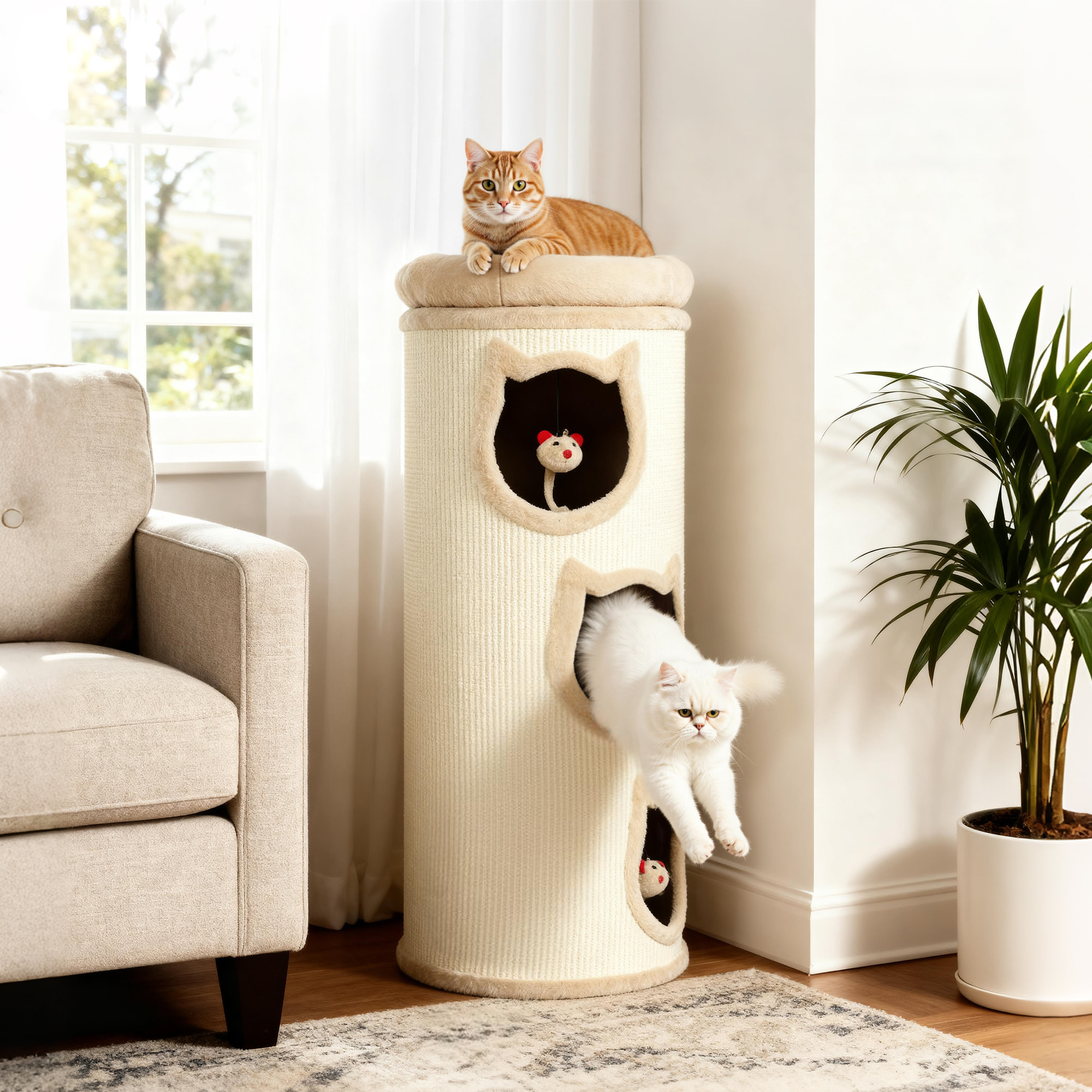 Tour à griffer pour chat - arbre à chat - 3 niches, 3 jouets, panier haut - sisal peluche beige