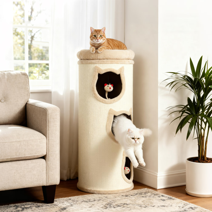 Tour à griffer pour chat - arbre à chat - 3 niches, 3 jouets, panier haut - sisal peluche beige