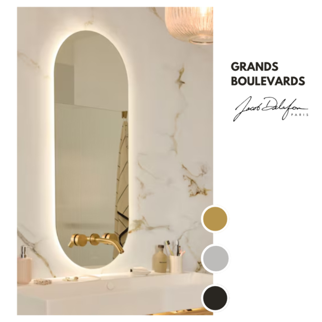 Miroir LED ovale 3 trous + mélangeur lavabo encastré 3 trous Grands Boulevards marbre sculptural et noir