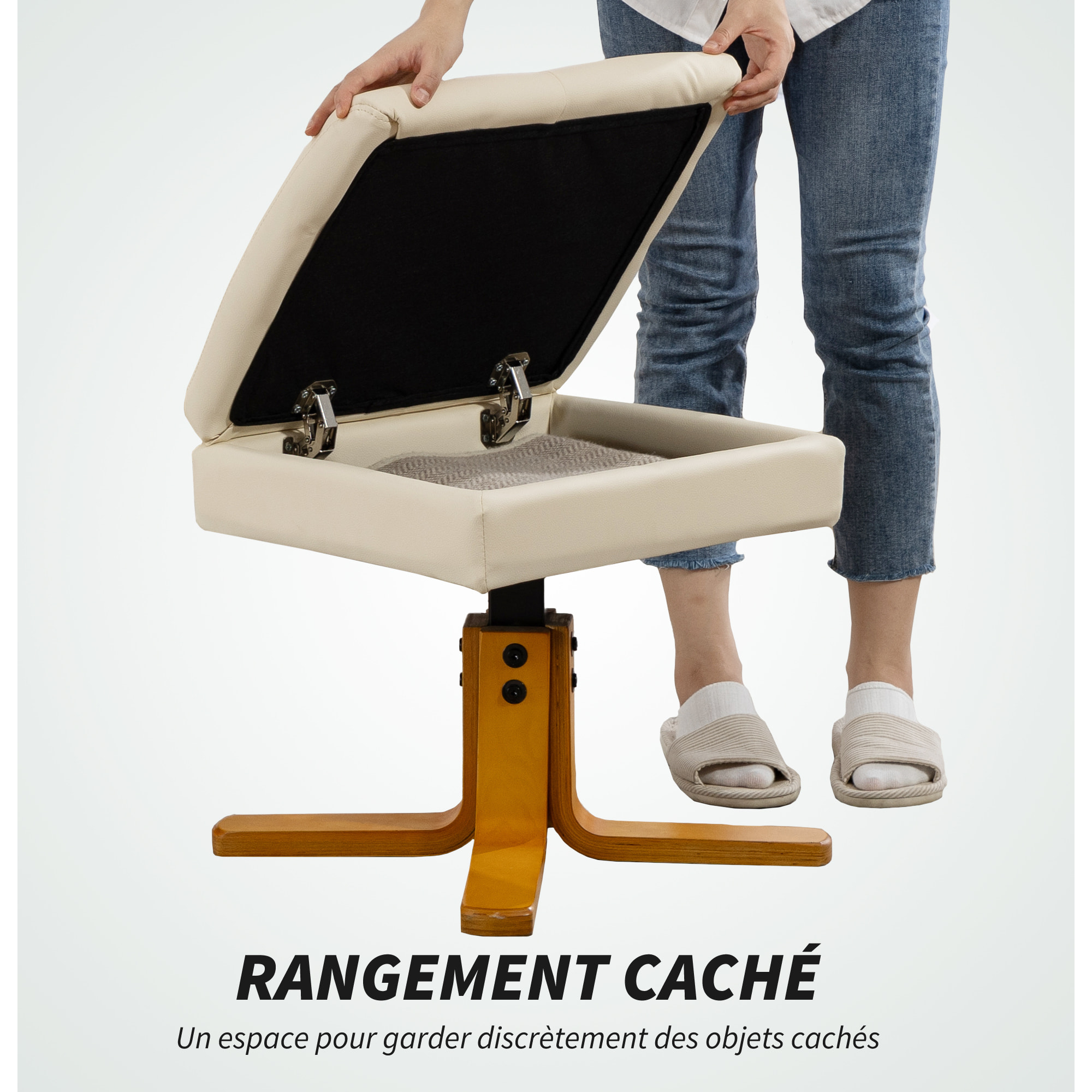 Ensemble fauteuil massant repose-pieds design Chesterfield - inclinable - coffre - tétière - blanc cassé