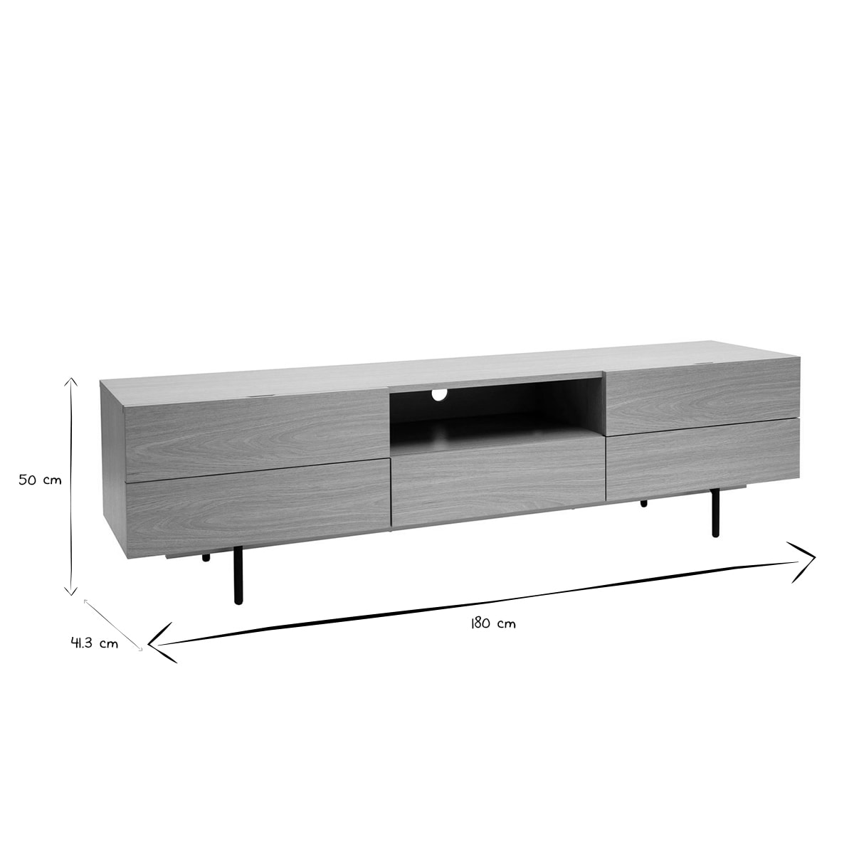 Meuble TV design avec rangements finition bois clair chêne et métal noir L180 cm ALASKA