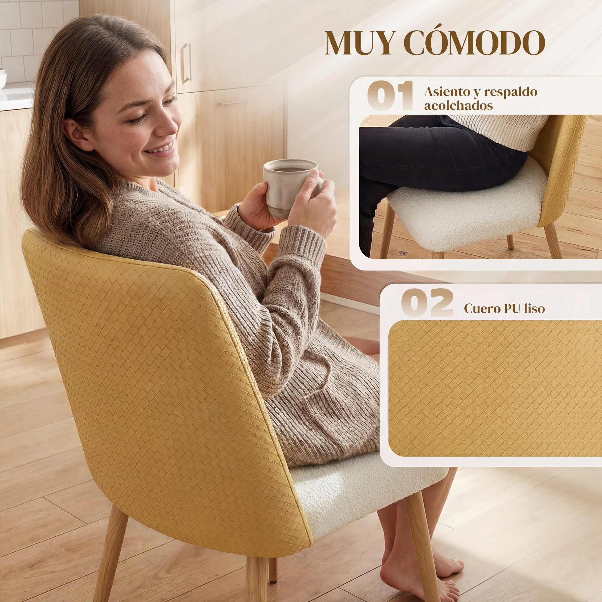 Juego de 2 Sillas de Comedor, Sillas de Cocina con Respaldo de PU de Imitación Ratán, Asiento Acolchado, Patas de Acero, para Salón, Marrón y Beige