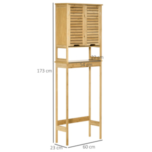 Meuble WC meuble dessus toilettes style cosy dim. 60L x 23l x 173H cm portes à lattes étagère bambou MDF aspect bois clair