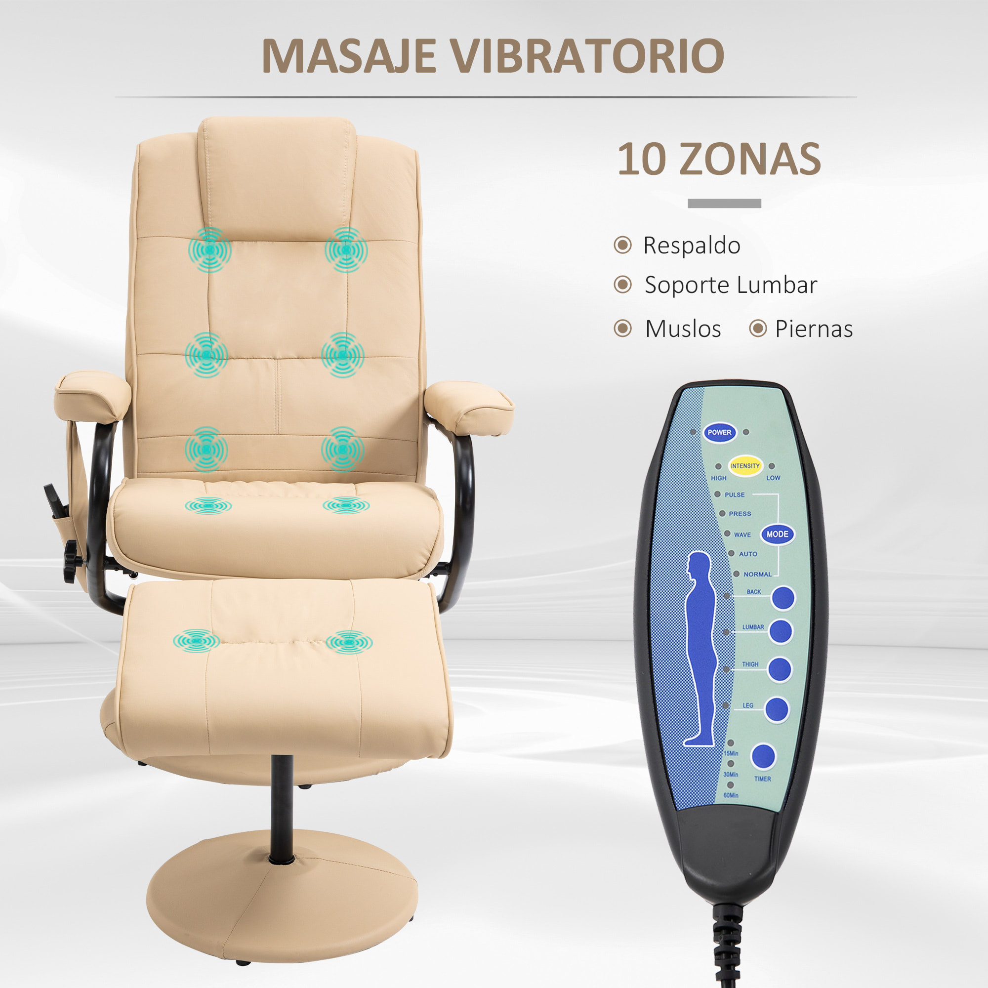 Sillón de Masaje Eléctrico con Taburete Reposapiés Sillón Relax Giratorio Reclinable hasta 145° con Control Remoto y 10 Zonas de Masaje Tapizado en PU 77x84x95 cm Beige