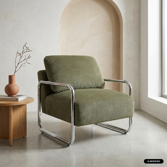 Fauteuil vintage tissu chenille armature chromée JOE