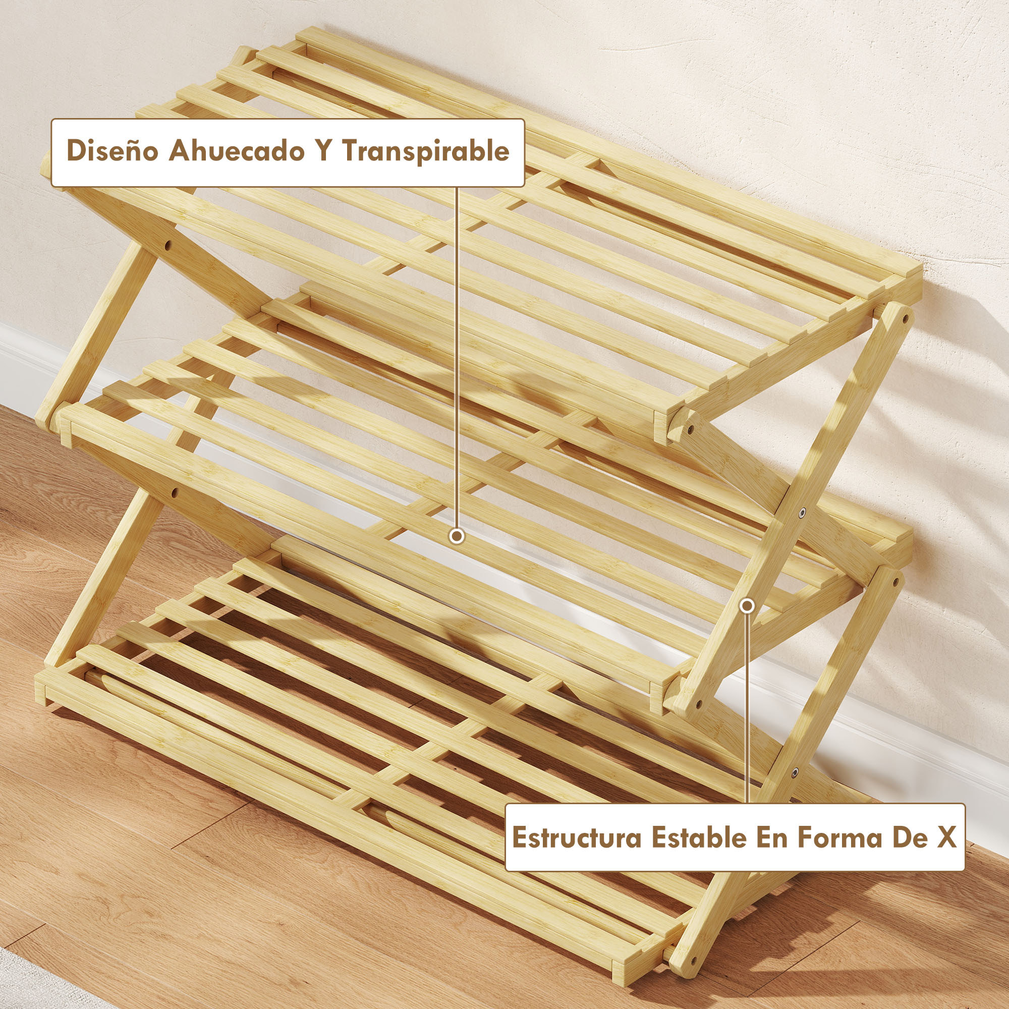 Zapatero Estrecho de Bambú, Zapatero Vertical Plegable de 3 Niveles, Sin Instalación, Estantería para Zapatos para Entrada, Pasillo, Dormitorio, Natural
