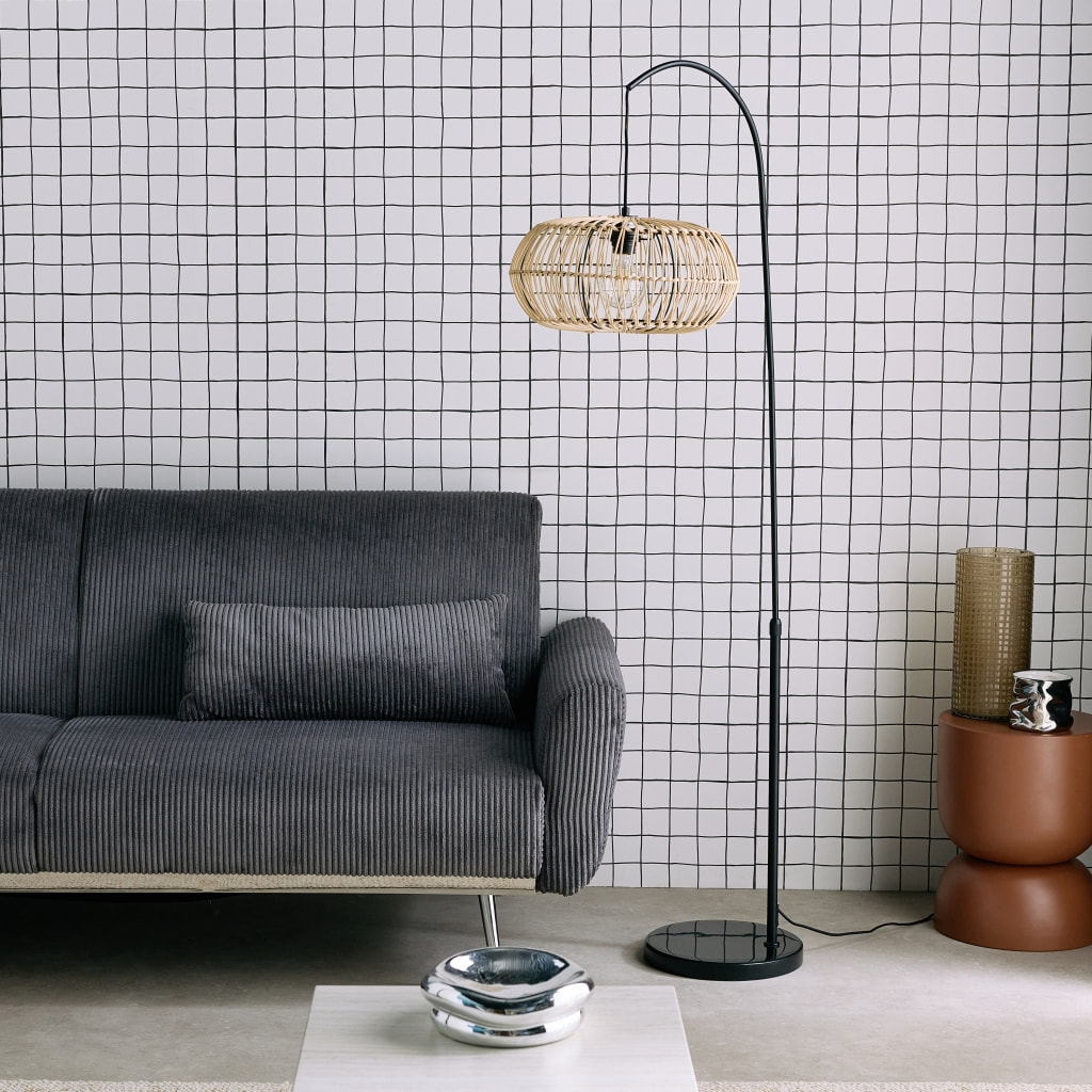 Lampadaire intérieur exotique rotin naturel métal et pierre effet marbre H170cm Diego