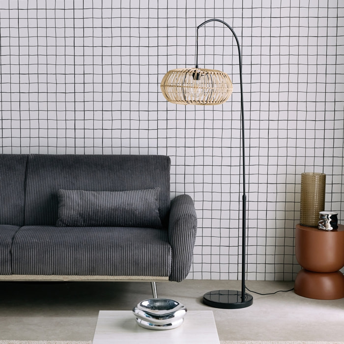 Lampadaire intérieur exotique rotin naturel métal et pierre effet marbre H170cm Diego