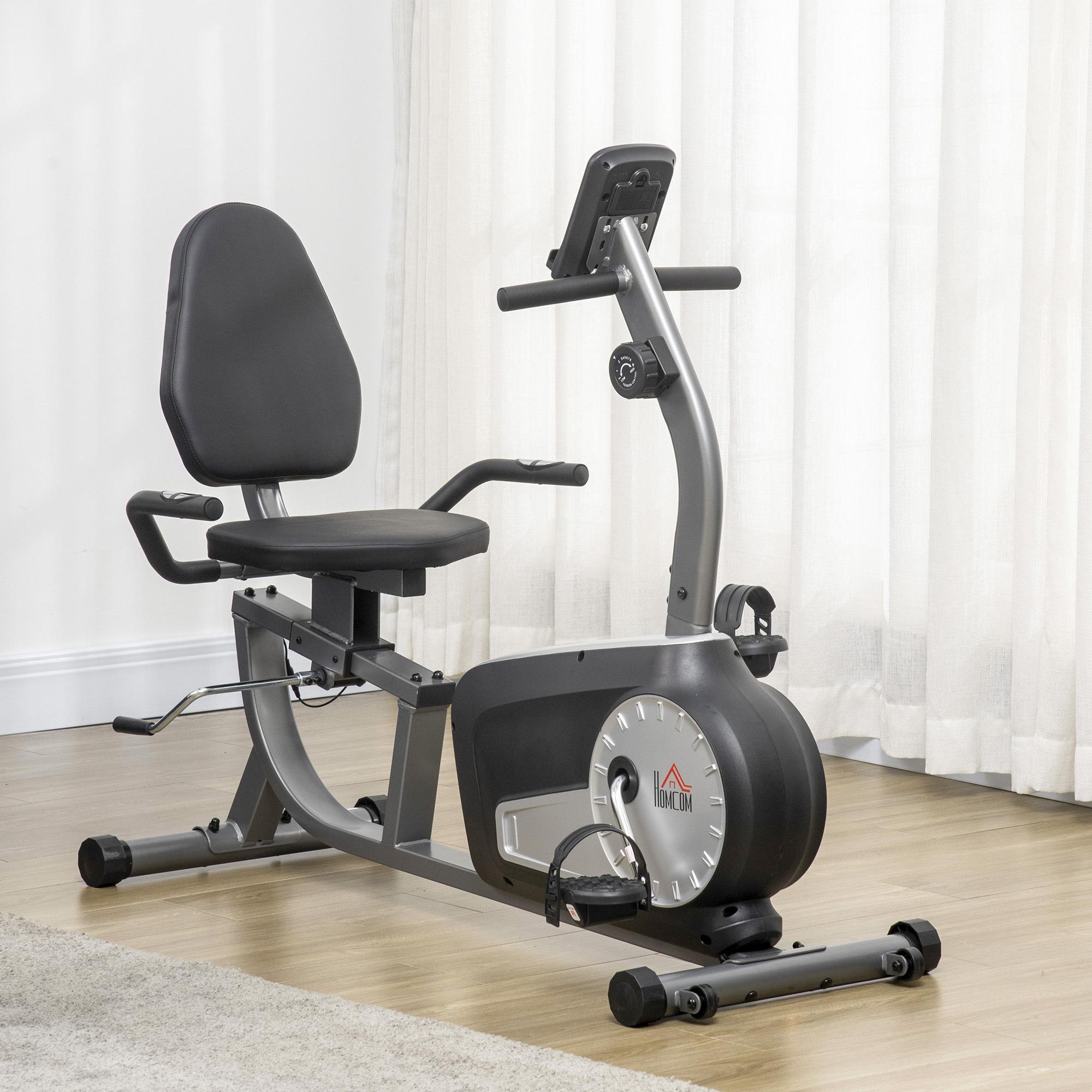 Vélo d'appartement semi-allongé magnétique écran LCD multifonction selle dossier résistance réglable acier ABS gris noir