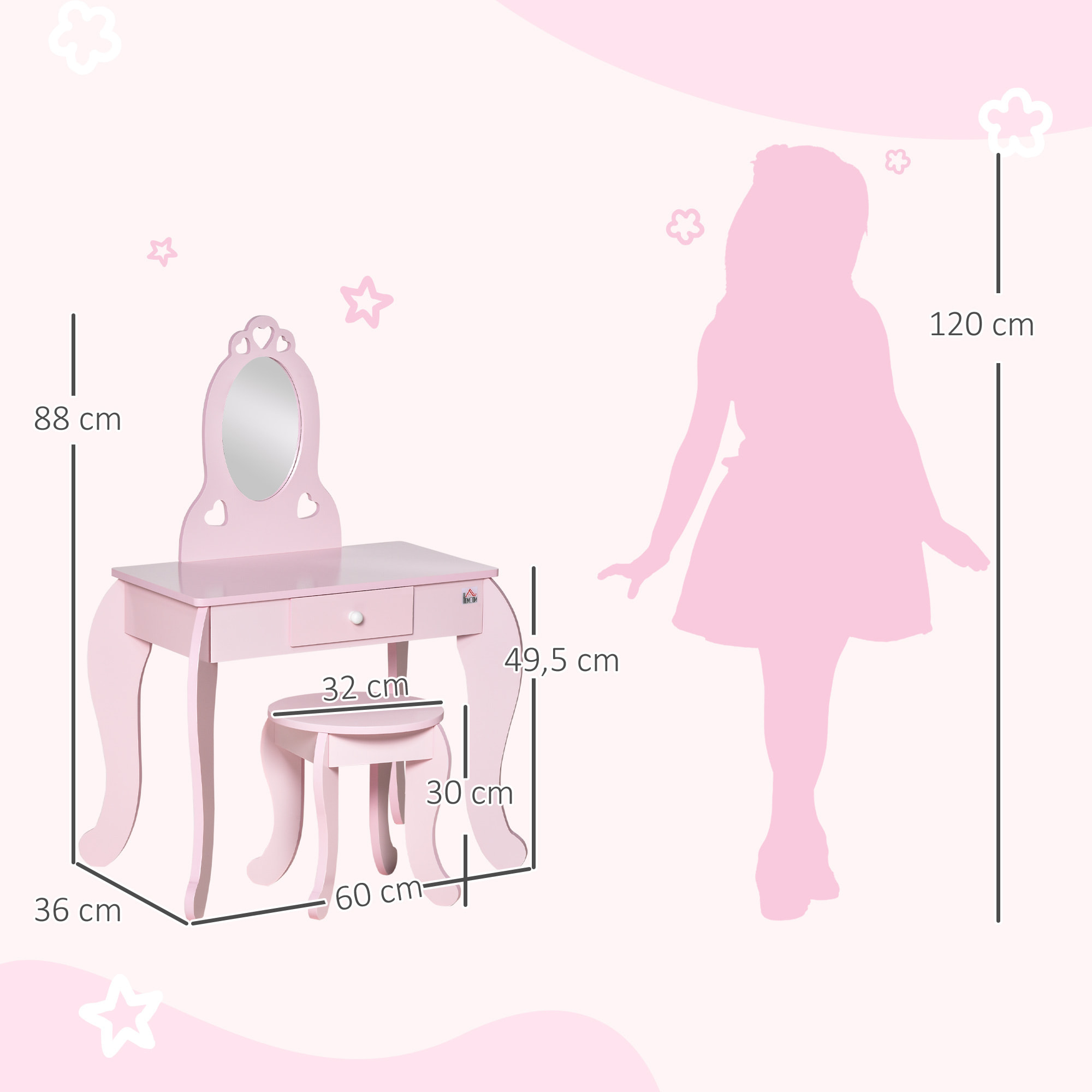 Coiffeuse enfant design girly avec motifs à coeur - tabouret inclus - dim. 60L x 36l x 88H cm - tiroir, miroir - MDF - rose