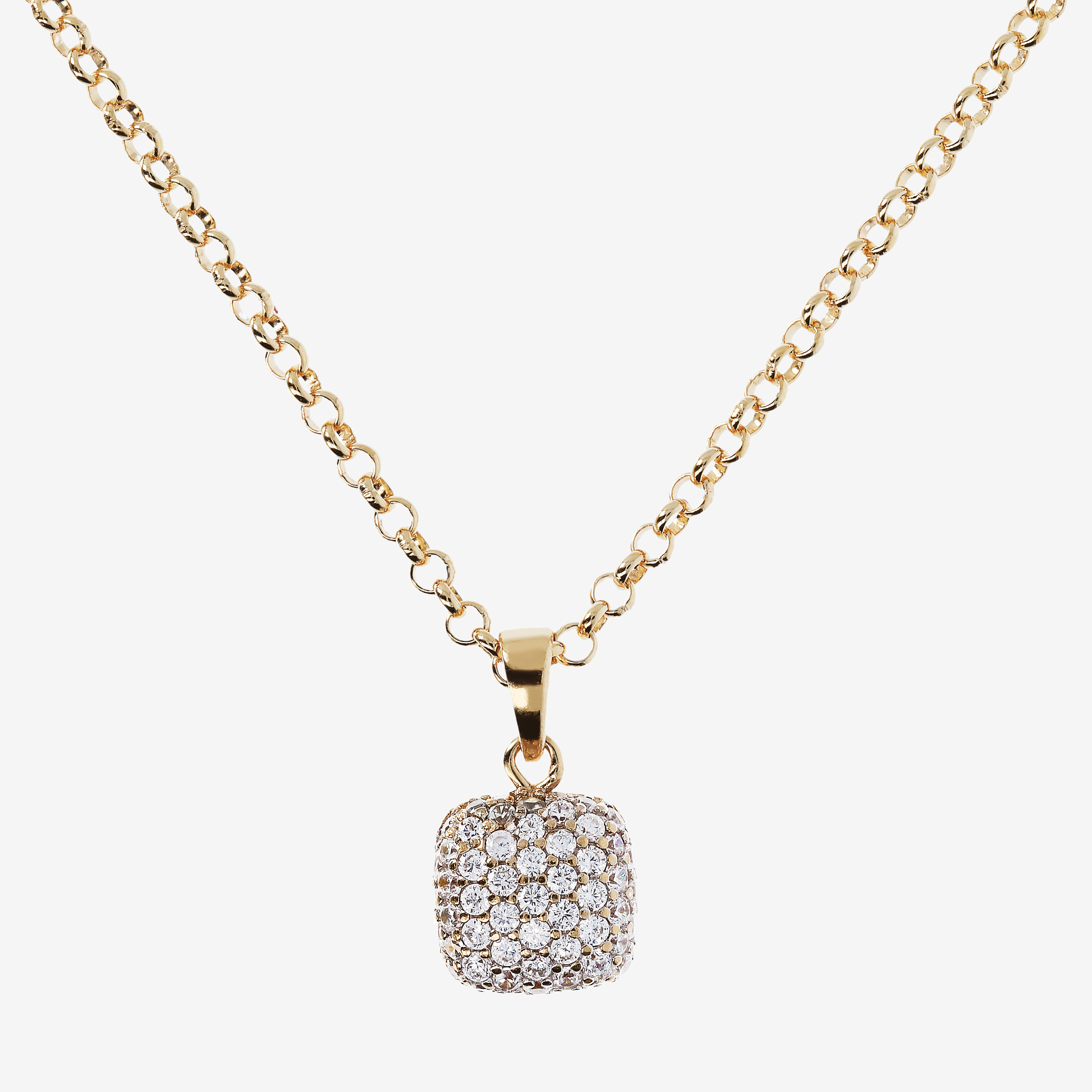 Collana Maglia Rolo con Pendente a Cuscino con Pavé di Cubic Zirconia in Argento 925 placcato Oro giallo 18Kt