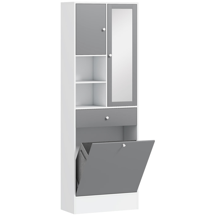 Meuble haut de salle de bain avec miroir - panier à linge à bascule, 2 portes, 3 étagères, 2 niches, tiroir - blanc gris