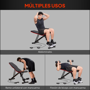 Banco de Musculación Plegable, Banco de Pesas, Respaldo y Asiento Ajustables, Extensión de Pierna, Cojín de Predicador y Banda de Resistencia, para Entrenamiento Completo, Gimnasio en Casa
