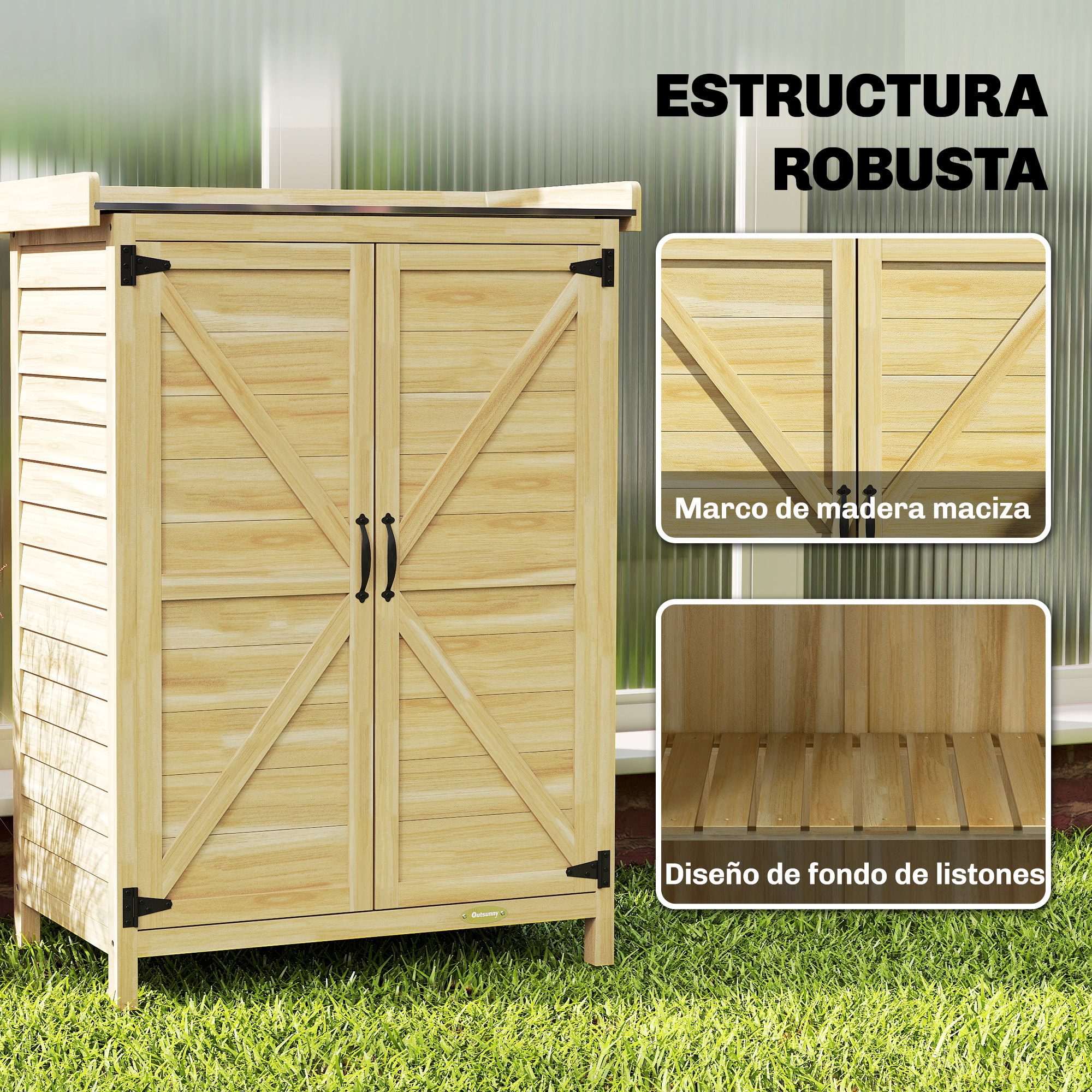 Armario de Exterior de Madera, Caseta de Jardín Exterior con Techo de Metal Galvanizado, Estantes, 2 Puertas, Ganchos, Cobertizo de Jardín para Almacenaje Herramientas, 71,5x39x95 cm, Natural