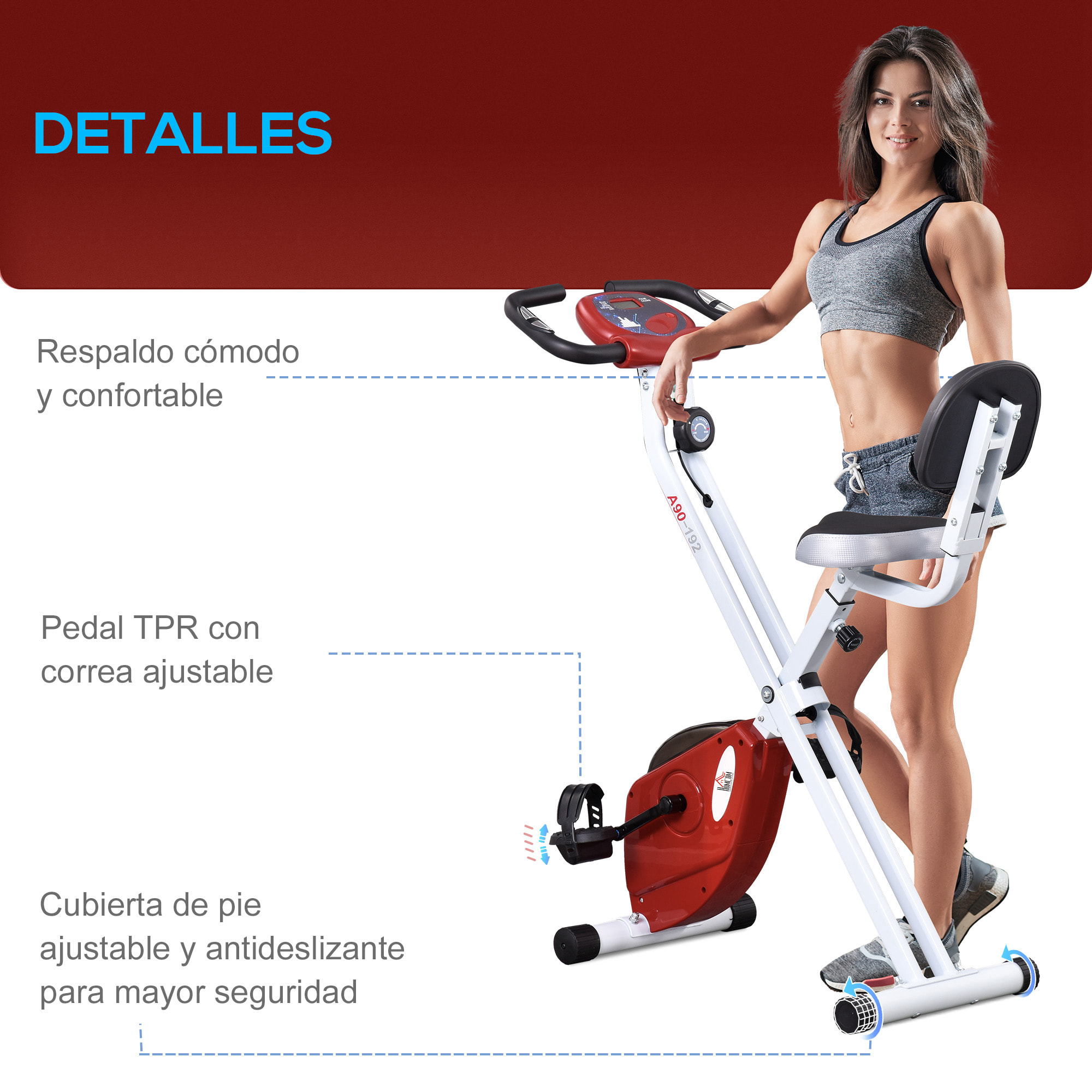 Bicicleta Estática Plegable con Respaldo, Bici Estática con 8 Niveles de Resistencia Magnética, Volante, Pantalla LCD, Pulsómetro, Sillín Ajustable, Carga 110 kg para Hogar Ahorra Espacio Rojo