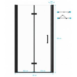 Porte de douche pivotante pliante double sens avec charnières 90x195 cm - Profilé Noir mat - ORIANA