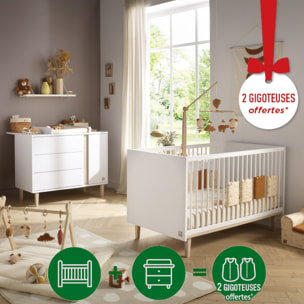 Chambre bébé évolutive Paloma, Lit 140x70 évolutif et Commode à langer 3 tiroirs et 1 porte - Chêne sépia