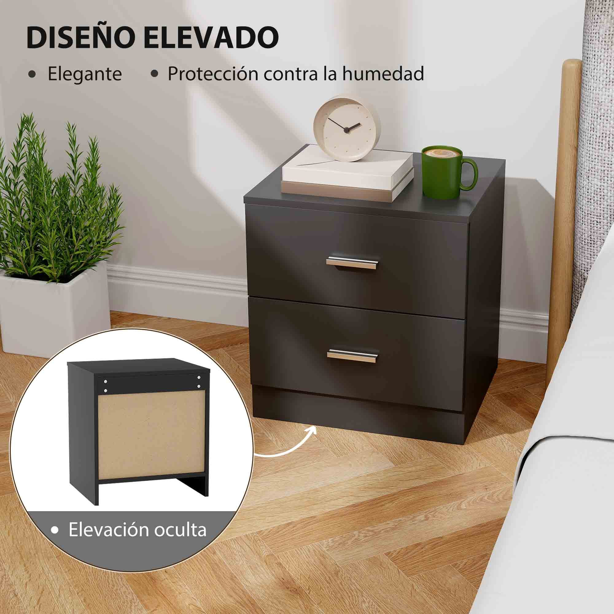 Mesita de Noche Moderna, Mesilla de Noche Dormitorio con 2 Cajones, Mesita Auxiliar para Salón, Dormitorio, 45x39,5x49 cm, Negro
