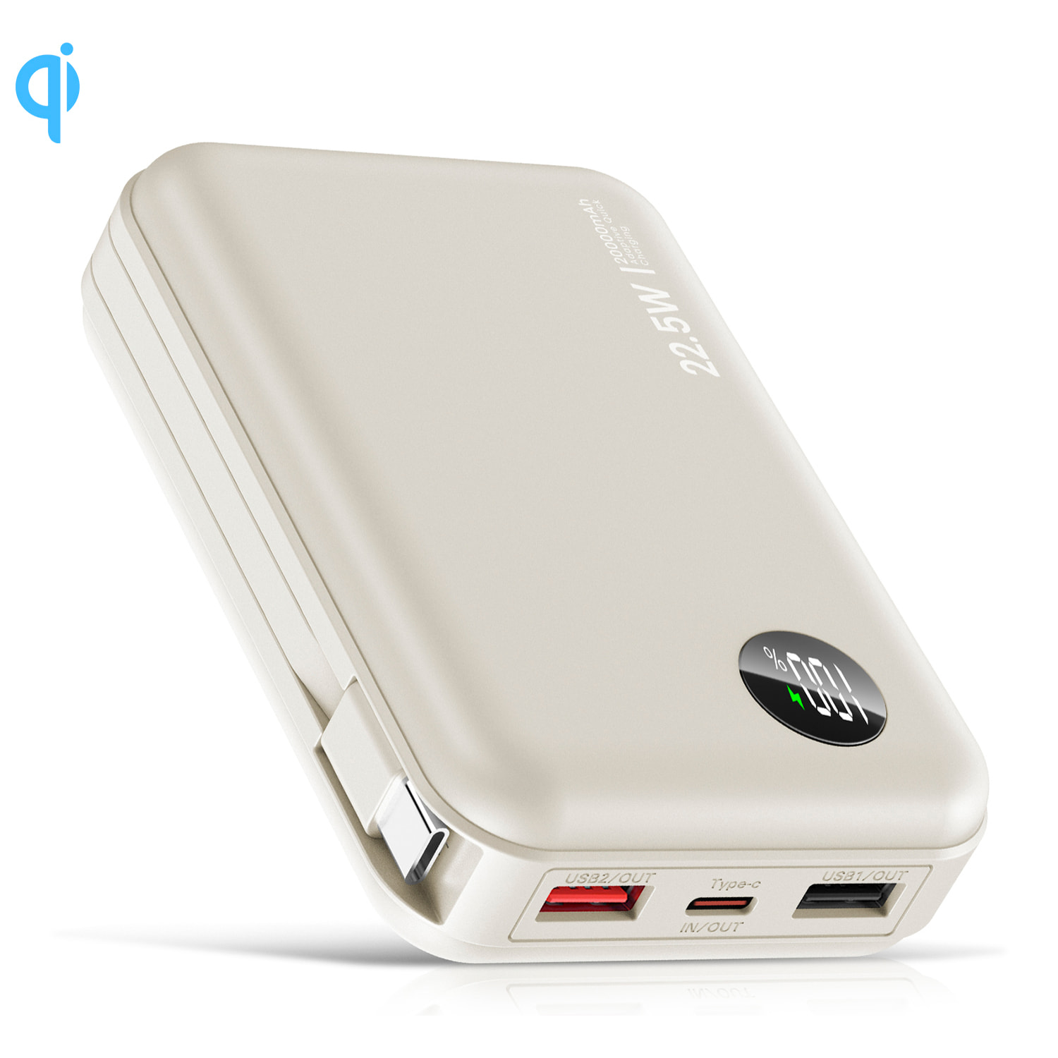 Powerbank 20.000mAh con carga rápida PD22,5W, cable USB-C integrado. Pantalla led de carga.