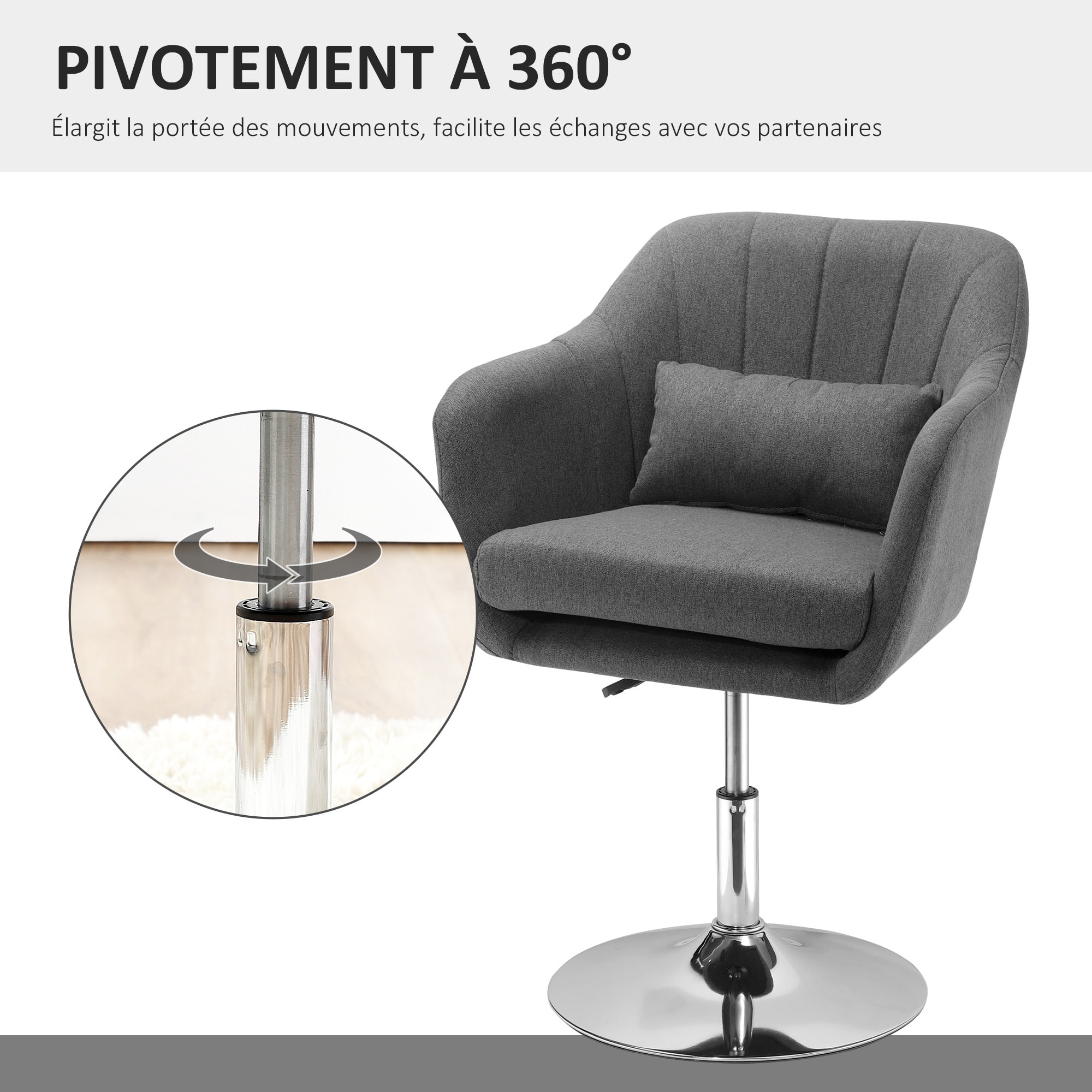 Fauteuil lounge design grand confort coussins lombaires hauteur réglable pivotant 360° piètement métal chromé lin gris
