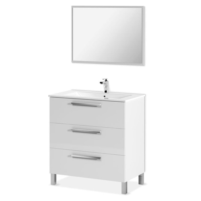 Mueble de baño blanco Athena 3 cajones + espejo Blanco brillo