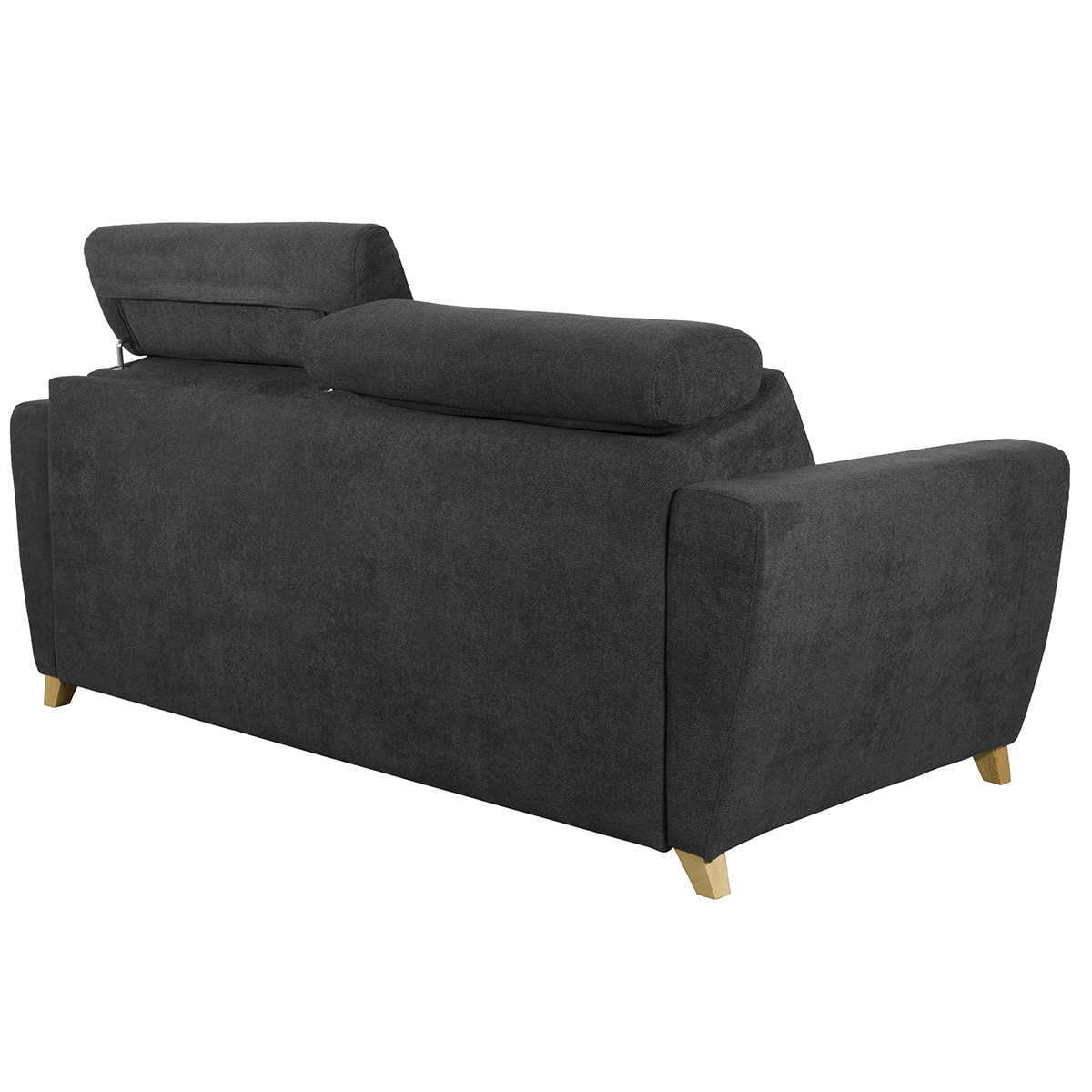 Canapé convertible avec têtières ajustables 3 places en tissu effet velours gris anthracite et bois clair avec matelas 13 cm GOYA