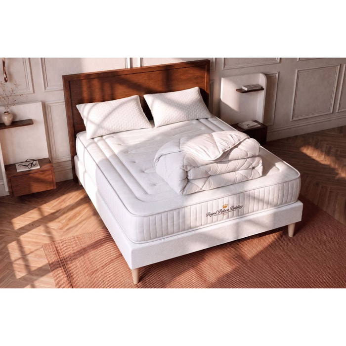 Matelas Ressorts ensachés et mémoire de forme 22cm d'épaisseur - 3 zones de confort - Confort ferme - Sommier tapissier en kit - Avec couette et oreillers - 2 places