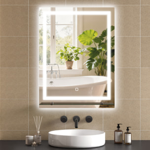 Espejo de Baño con Luces LED, 60x80 cm, Espejo de Pared, 3 Colores de Luz, Brillo Regulable, Estante de Vidrio, Función de Memoria, Interruptor Táctil, IP44, Vertical